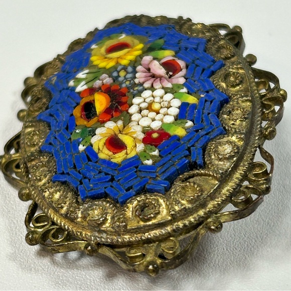 Vintage micro mosaic brooch filigree Italy Floral - Picture 4 of 7